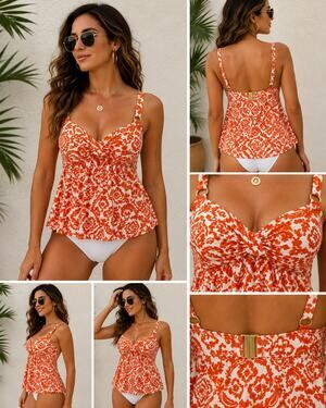 ALEX MARIE Orange White Paisley Tankini Swim Top Size 12 Tummy Control Ruched